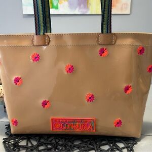 🌸🌼🌺 Consuela Brett Easy Tote Tan Patent Tote - Pink and Orange Floral Appliqués